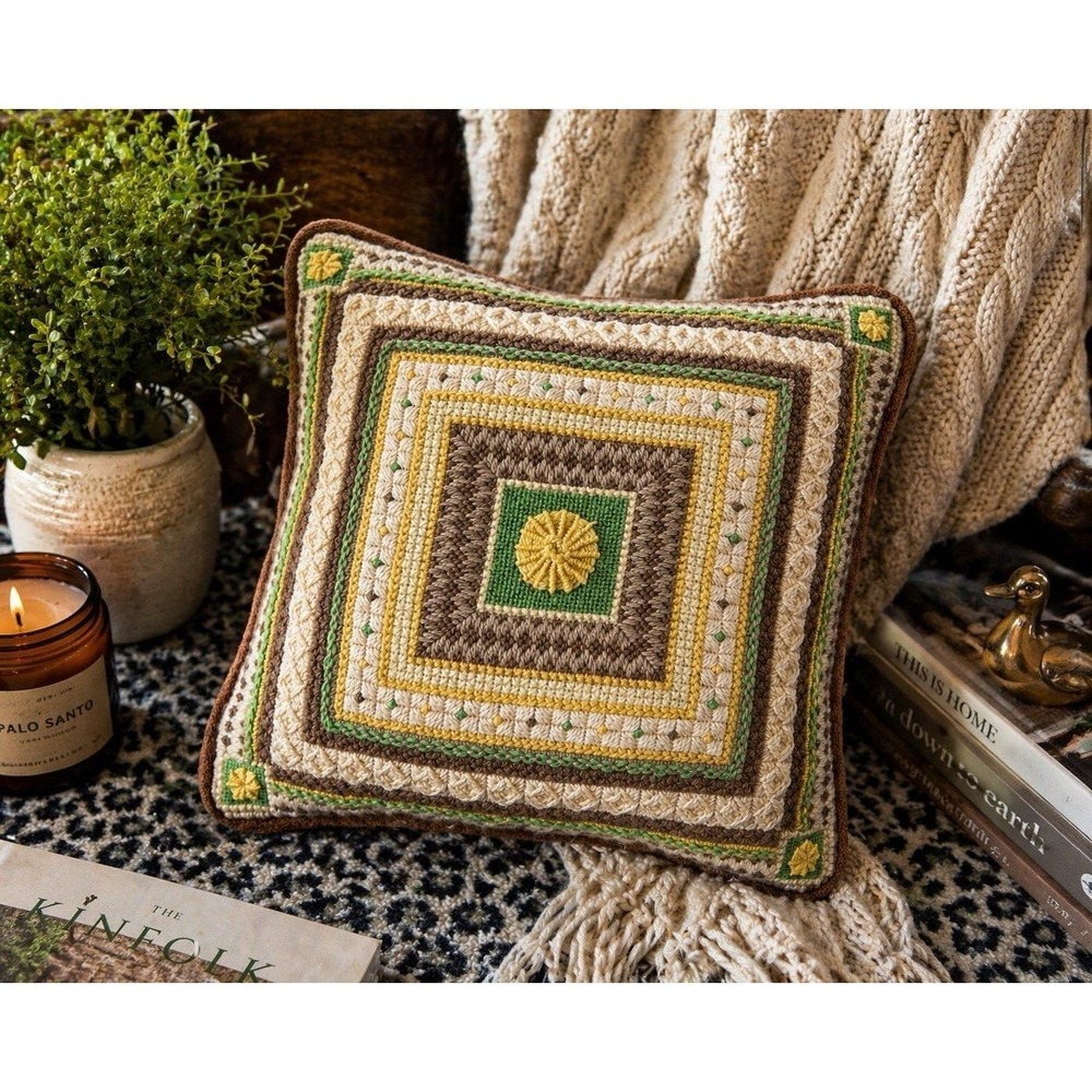 Needlepoint Pillow Green Yellow Wool Embroidered Throw Pillow 14x13 Boho Cottage